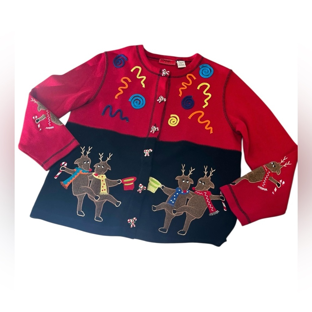 Onque Casuals Christmas Sweater Cardigan Womens Reindeer Candy Cane Button Sz M